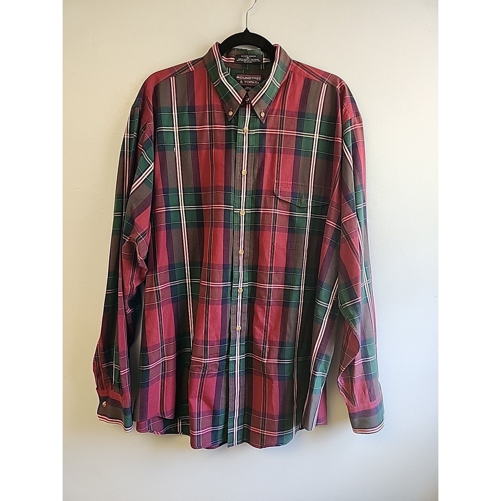 Roundtree & Yorke Mens XL Red Green Plaid‎ Glasgow Gingham Button-Up Shirt